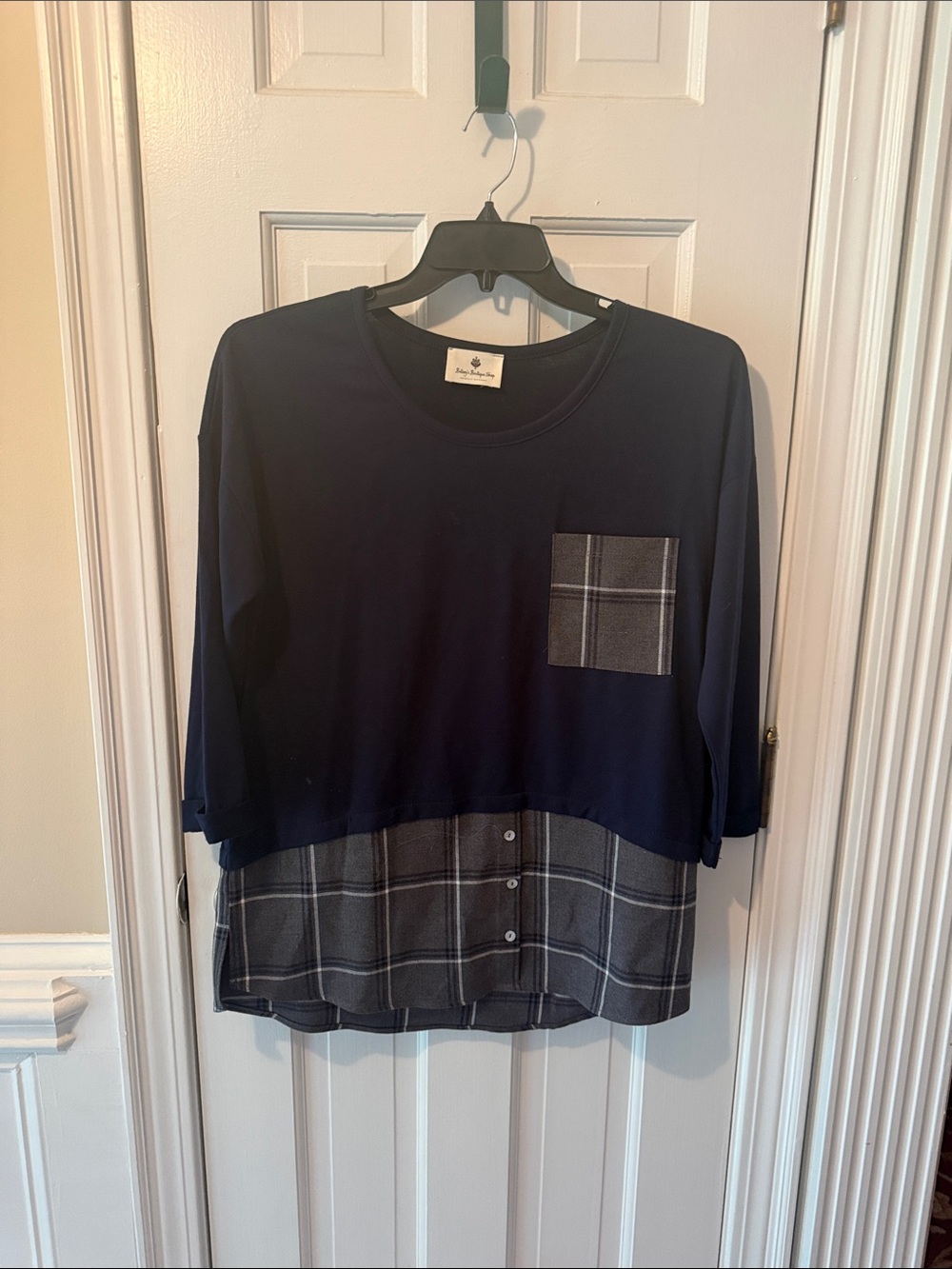 NWOT - Navy Layered Knit Top with Plaid Hem and Pocket